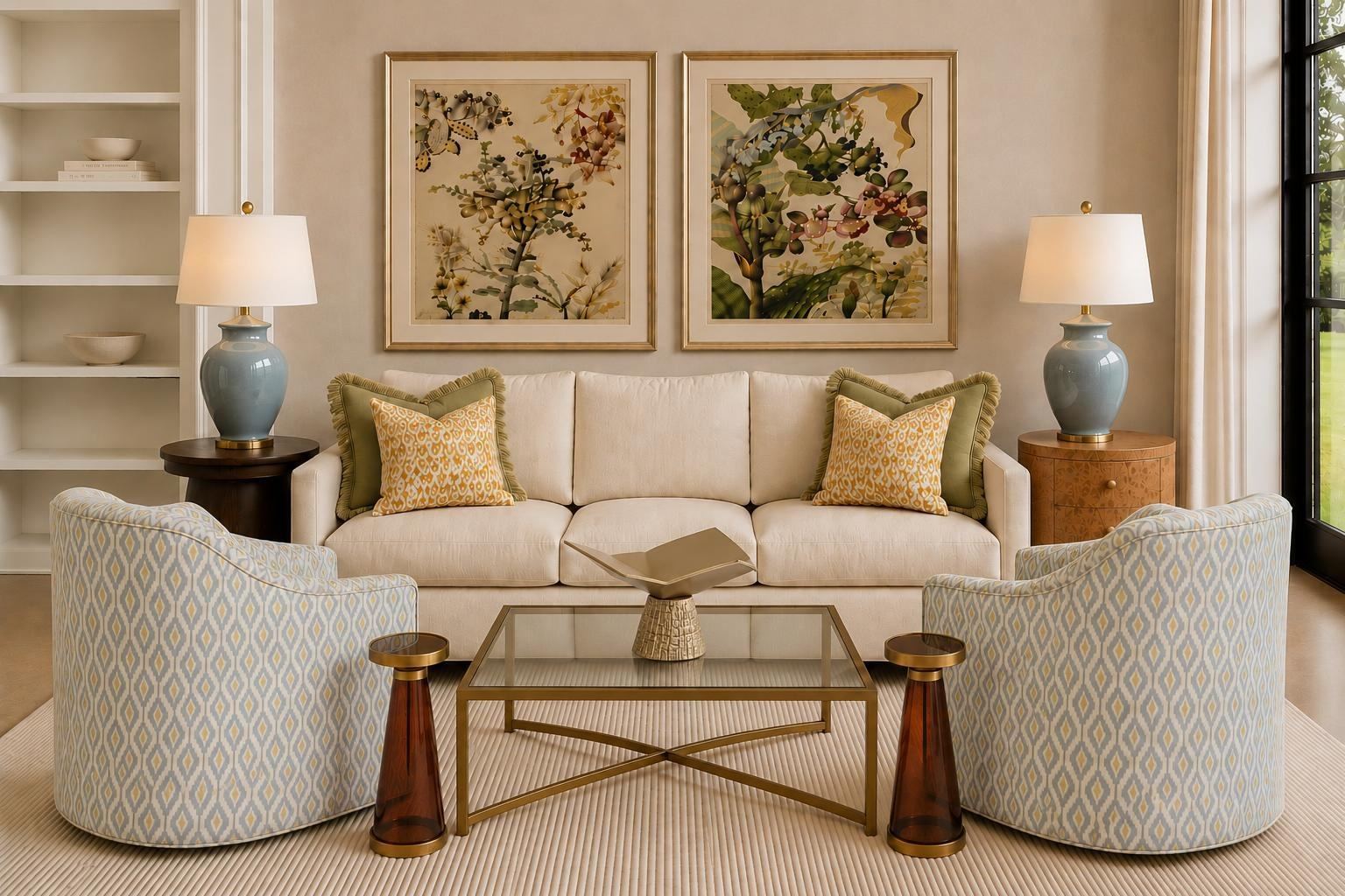 Showroom vignette with a cream sofa, pair of patterned swivel chairs and framed botanicals