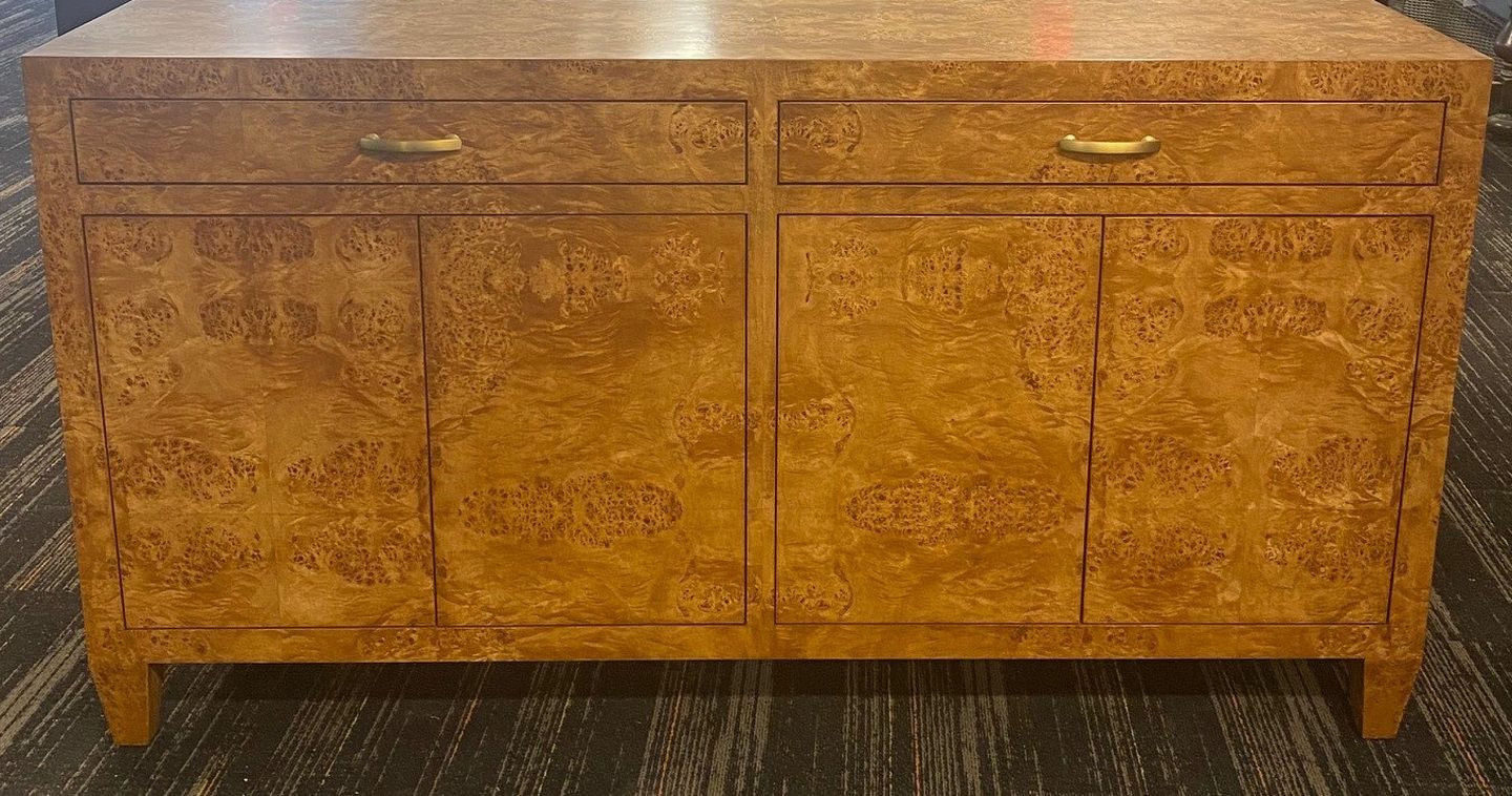 Sheffield Custom burl wood credenza with four doors, two drawers and brass pulls