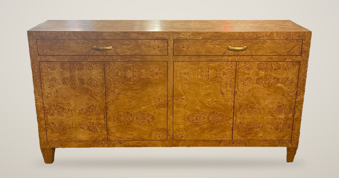 Sheffield Custom burl wood credenza with four doors, two drawers and brass pulls